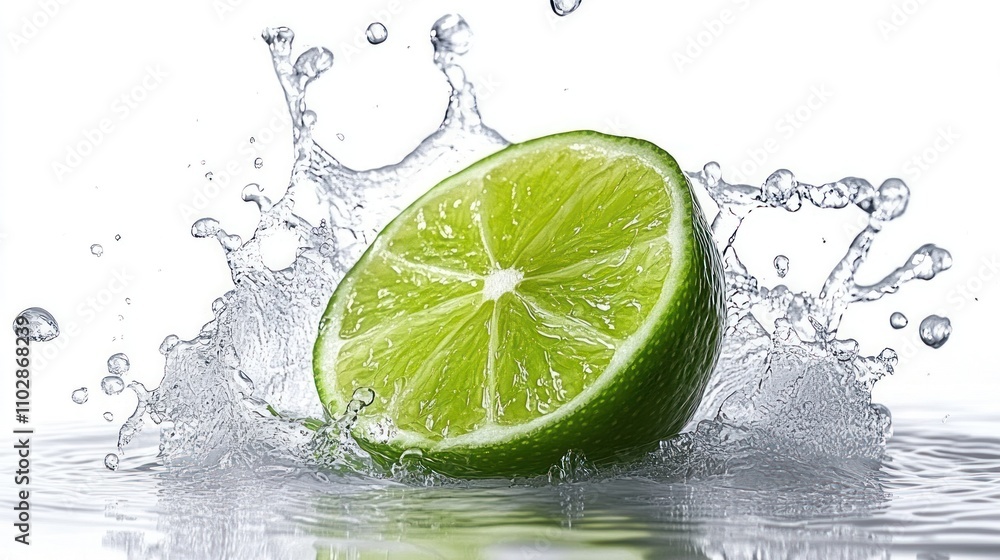 Juicy lime slice splashing in vibrant water, crisp and clear, isolated white background Juicy lime slice splashing in vibrant water, crisp and clear, isolated white background