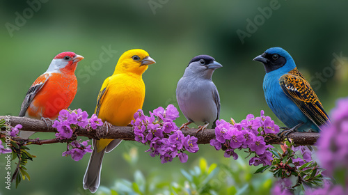 A group of beautiful birds perched on the branch, including a white canary, green-headed finch.