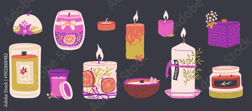 Aromatic perfume fragrance candles flat vector set, burning candles decorated with flowers, fruits and organic materials