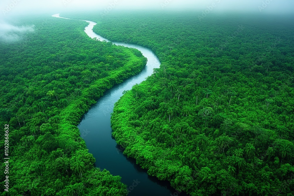 Aerial View of Lush Tropical Rainforest with Winding River and Dense Foliage Aerial View of Lush Tropical Rainforest with Winding River and Dense Foliage