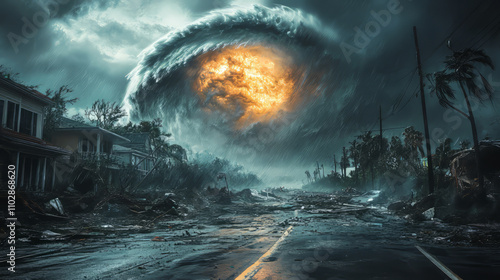 category 5 hurricane making landfall in Florida, powerful winds, storm surge, damaged buildings.