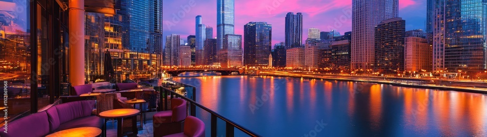 Obraz premium Vibrant urban skyline at dusk, illuminated skyscrapers reflecting on the river, creating a lively atmosphere full of energy and city life.