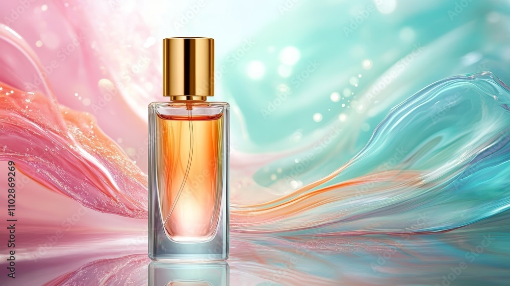 Luxurious Perfume Bottle on Reflective Surface with Flowing Water Background Luxurious Perfume Bottle on Reflective Surface with Flowing Water Background