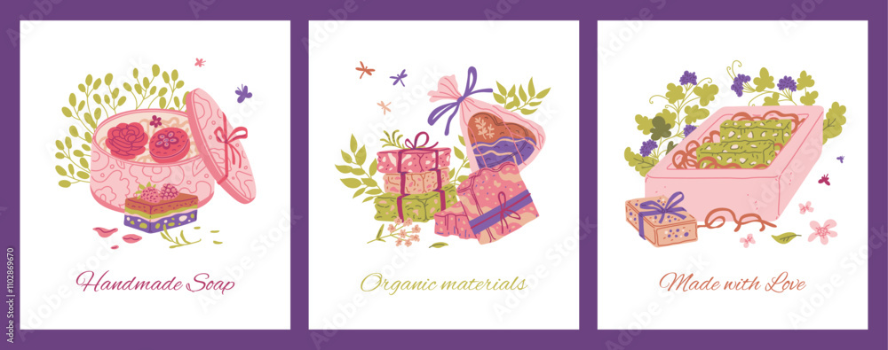 A collection of vector posters with handmade soap with natural ingredients and in beautiful packages A collection of vector posters with handmade soap with natural ingredients and in beautiful packages