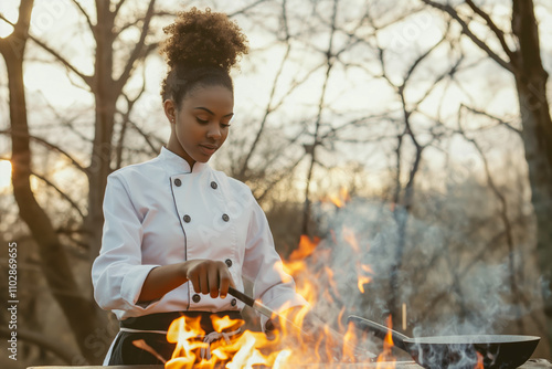 Fototapeta Naklejka Na Ścianę i Meble -  Female African American young chef cooking outdoors with fire and trees in background