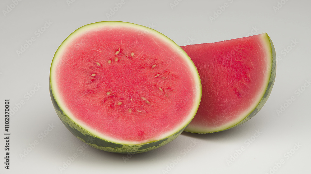 Watermelon Slices: A refreshing summer treat, featuring two slices of watermelon, one half and one wedge, revealing the juicy red flesh and black seeds. Watermelon Slices: A refreshing summer treat, featuring two slices of watermelon, one half and one wedge, revealing the juicy red flesh and black seeds.