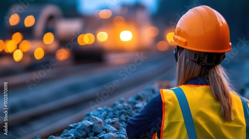 Construction worker watching busy railroad with safety gear at dusk