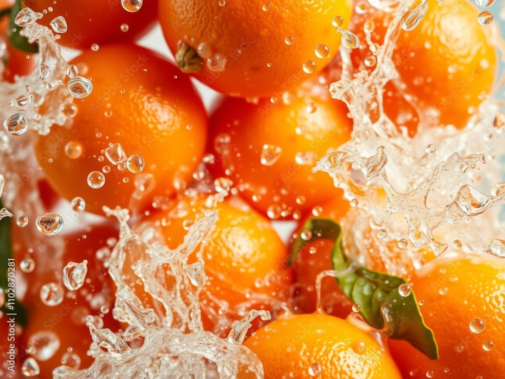 A dynamic close-up shot of a splash of water colliding with a bunch of oranges, creating a refreshing and vibrant image, wet, healthy A dynamic close-up shot of a splash of water colliding with a bunch of oranges, creating a refreshing and vibrant image, wet, healthy