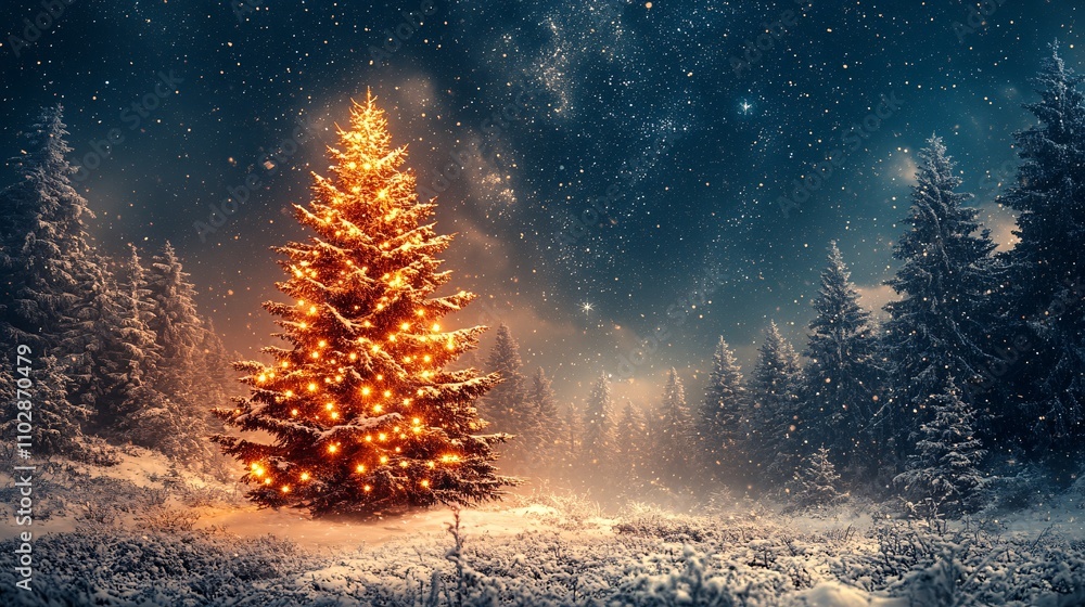 Beautifully Decorated Christmas Tree in Snowy Landscape Beautifully Decorated Christmas Tree in Snowy Landscape