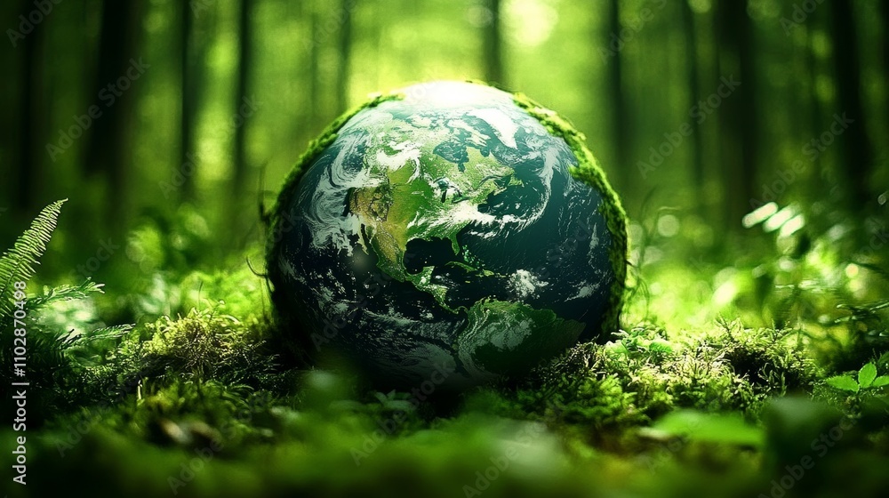 Earth in lush forest ecosystem green globe nature conservation environmental protection ecology harmony Earth in lush forest ecosystem green globe nature conservation environmental protection ecology harmony