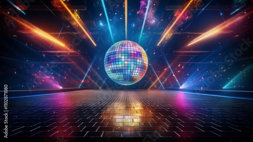 Vibrant lighted stage with disco ball at the center