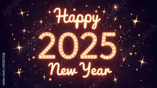 Happy New Year 2025 with glowing lights. Celebration concept.