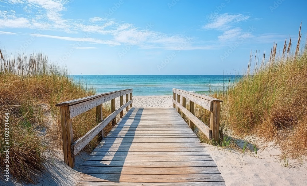 Serene Wooden Boardwalk Leading to Tranquil Beach with Turquoise Waters Serene Wooden Boardwalk Leading to Tranquil Beach with Turquoise Waters
