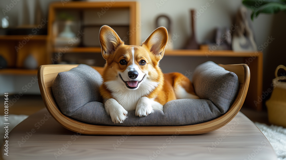Pembroke Welsh Corgi lounging in a stylish, modern dog house with a clean Pembroke Welsh Corgi lounging in a stylish, modern dog house with a clean