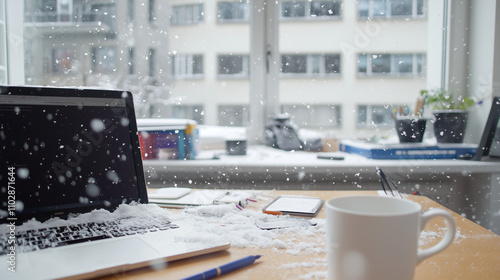 Snowy Day Workspace: Laptop...