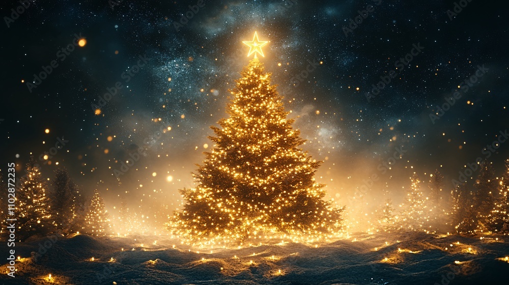 Glowing Christmas Tree Amidst Festive Atmosphere Glowing Christmas Tree Amidst Festive Atmosphere