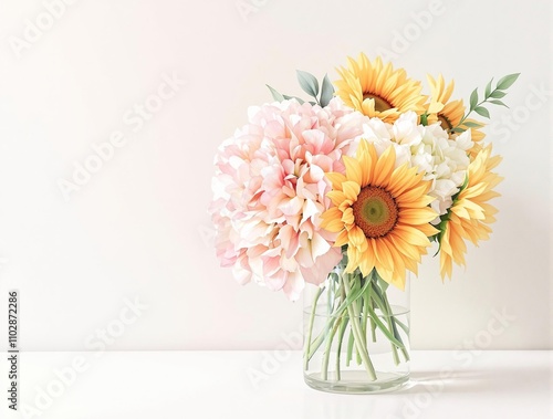 Wallpaper Mural Watercolor floral arrangement featuring hydrangeas and sunflowers in a vase, botanical art, beautiful bouquet, delicate petals Torontodigital.ca