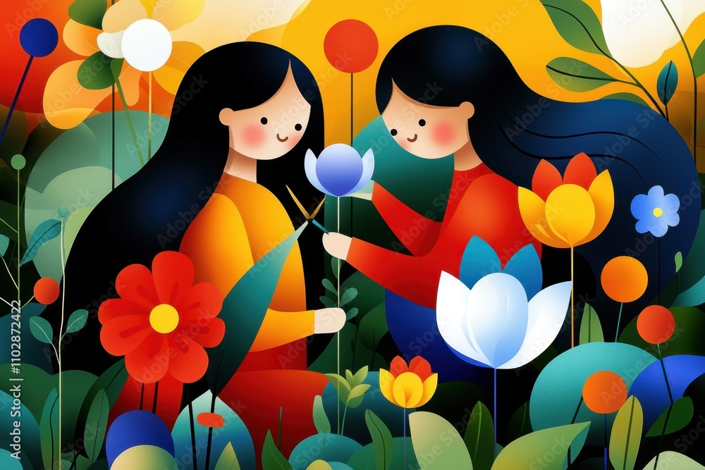 Two women are sitting in a garden, holding flowers Two women are sitting in a garden, holding flowers