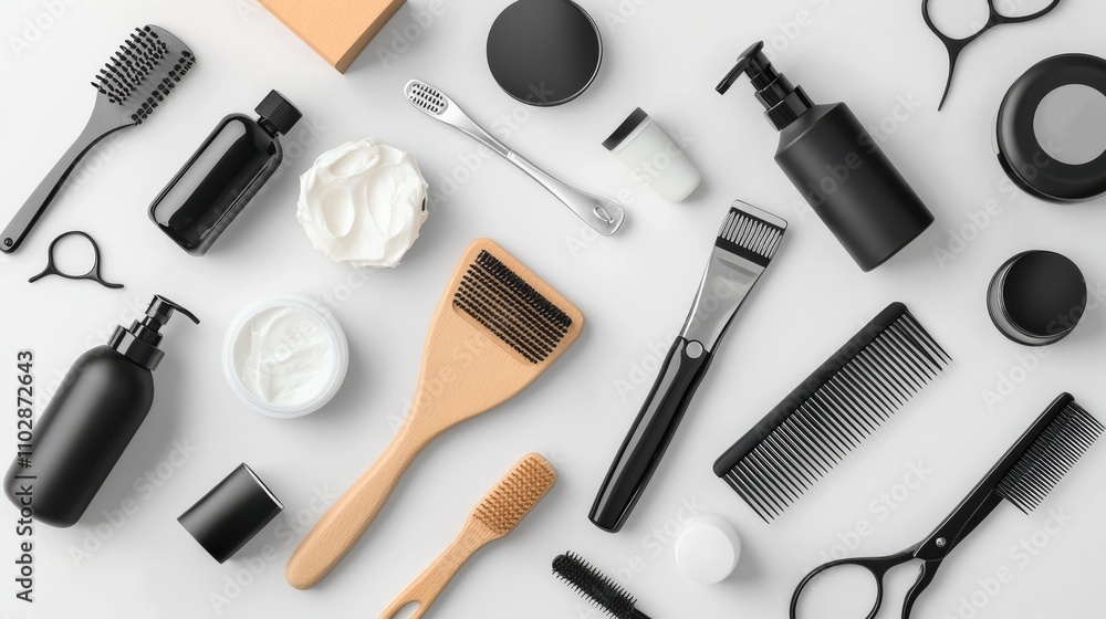 Essential grooming product collection hairbrushes combs and skincare items for your home bathroom space Essential grooming product collection hairbrushes combs and skincare items for your home bathroom space