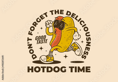 Hot Dog time, Don't forget the deliciousness. Vintage retro character of hot dog in running pose