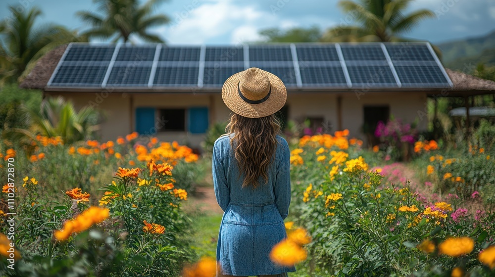 Fototapeta premium Solar panels in a tropical setting, surrounded by palm trees and vibrant flora, capturing clean energy.