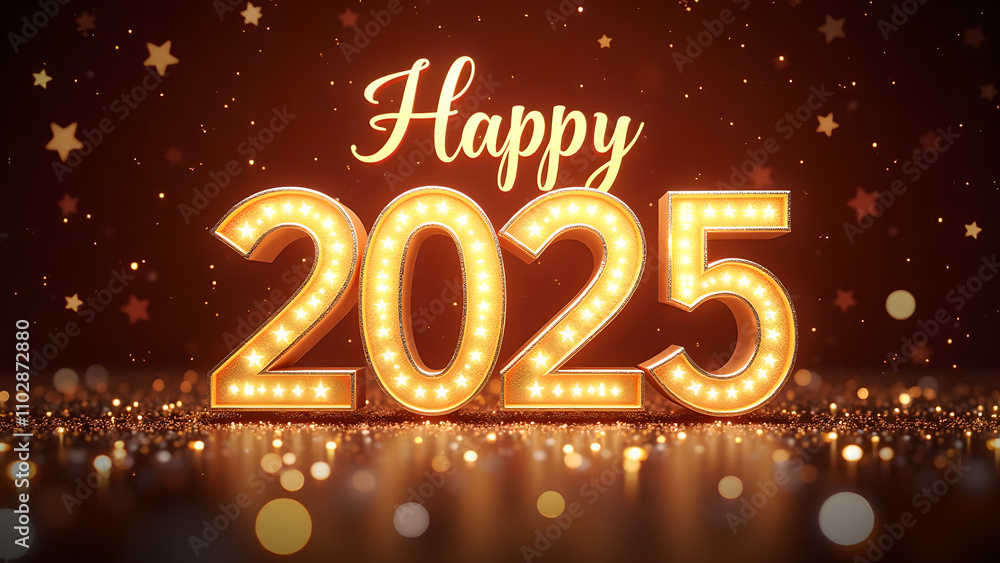 Happy New Year 2025 with golden lights. Concept of celebration, party, and holiday. Happy New Year 2025 with golden lights. Concept of celebration, party, and holiday.