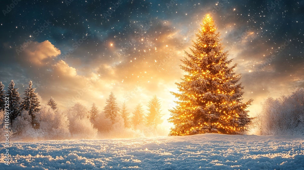 Fototapeta premium Glowing Christmas Tree with Golden Lights in Snowy Landscape