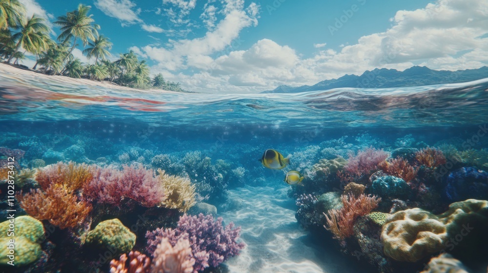 Underwater view transitioning to the surface, half above and half below the water, colorful coral and fish below, sky and beach above Underwater view transitioning to the surface, half above and half below the water, colorful coral and fish below, sky and beach above