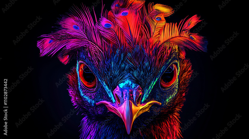 close up of a peacock showing off its rainbow colored feathers against a dark background. close up of a peacock showing off its rainbow colored feathers against a dark background.
