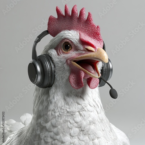 A smiling white chicken with microphone on head like call center on white background photo