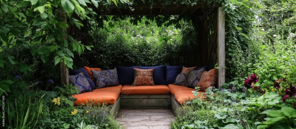 A cozy seating area with orange cushions and blue throw pillows nestled under a leafy pergola in a lush garden. A cozy seating area with orange cushions and blue throw pillows nestled under a leafy pergola in a lush garden.