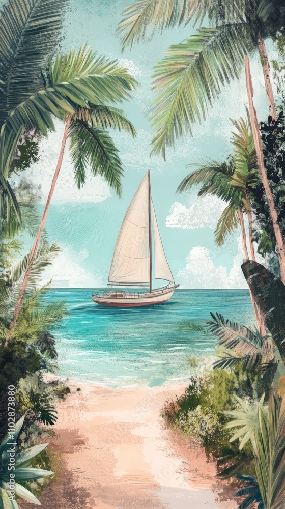 Fototapeta premium Tropical Paradise Escape, inviting ocean view with a sailboat gliding on turquoise waters, framed by lush palm trees, perfect for promoting tropical getaways.