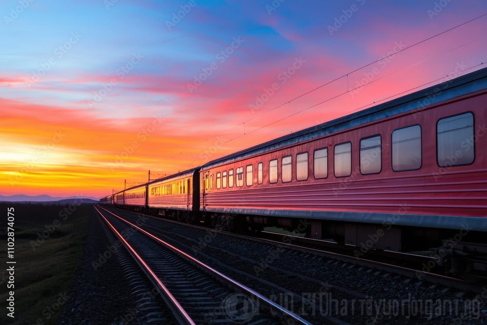 A train is traveling down the tracks with a beautiful sunset in the background A train is traveling down the tracks with a beautiful sunset in the background