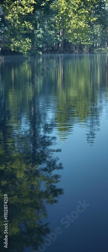 Water surface with concentric ripples and reflected trees, serene landscape, natural phenomenon