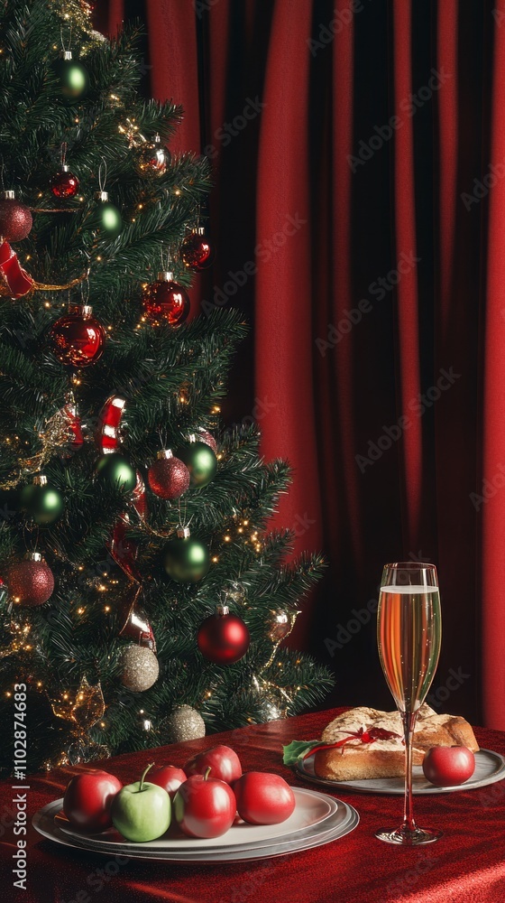 A Christmas tree with green and red ornaments sits in front of a red curtain A Christmas tree with green and red ornaments sits in front of a red curtain