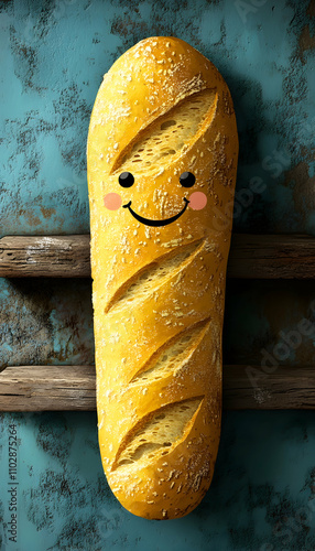 Cute cartoon loaf of bread with a happy face on teal background. photo