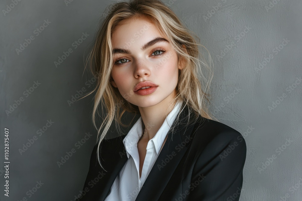 Confidence and charisma Young business woman in suit looking at camera. Grey background Confidence and charisma Young business woman in suit looking at camera. Grey background