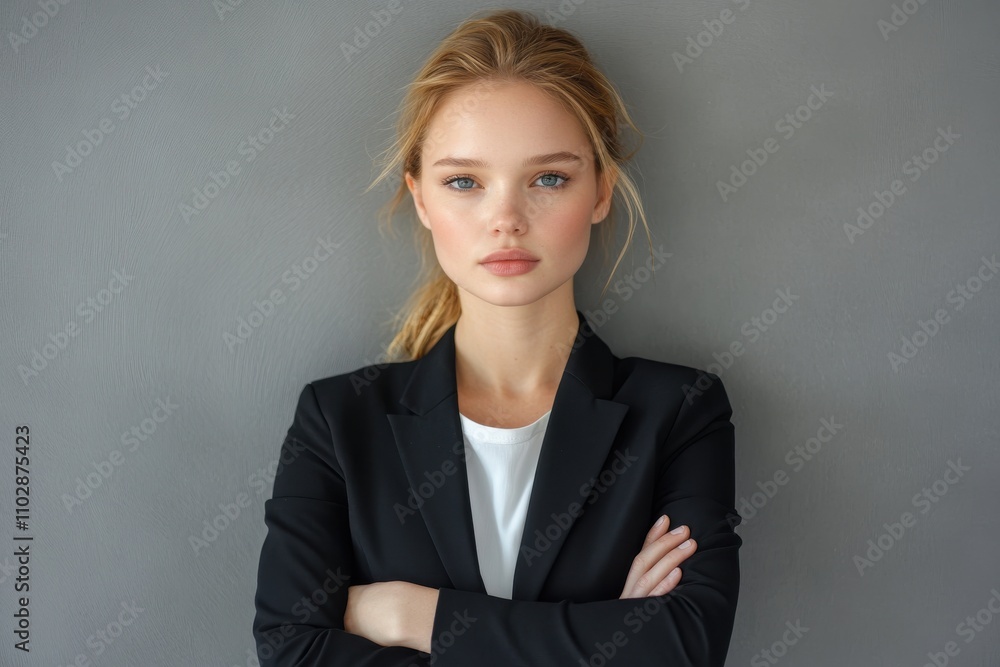 Confidence and charisma Young business woman in suit looking at camera. Grey background Confidence and charisma Young business woman in suit looking at camera. Grey background