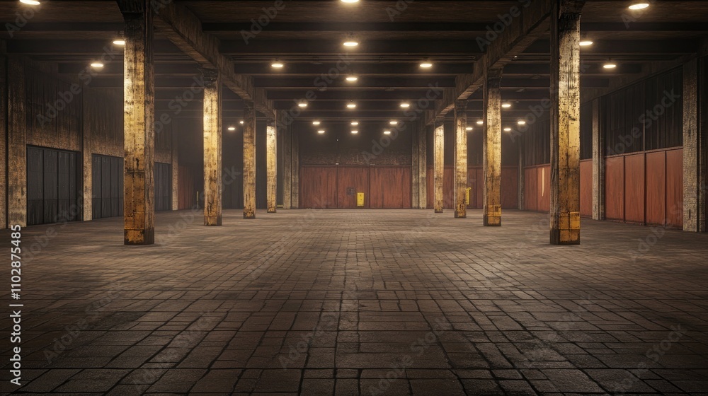 Naklejka premium Abandoned Industrial Warehouse Interior with Wooden Columns and Floor