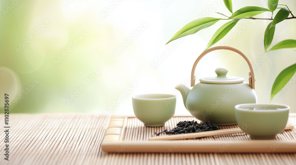 Serene Tea Ceremony: A tranquil scene unfolds with a delicate green teapot and teacups, accompanied by loose leaf tea and bamboo serving tray. Serene Tea Ceremony: A tranquil scene unfolds with a delicate green teapot and teacups, accompanied by loose leaf tea and bamboo serving tray.