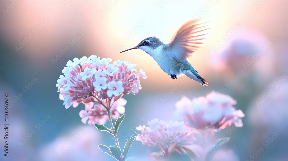Fototapeta premium Hummingbird in Flight Pastel Flowers Spring Nature Photography
