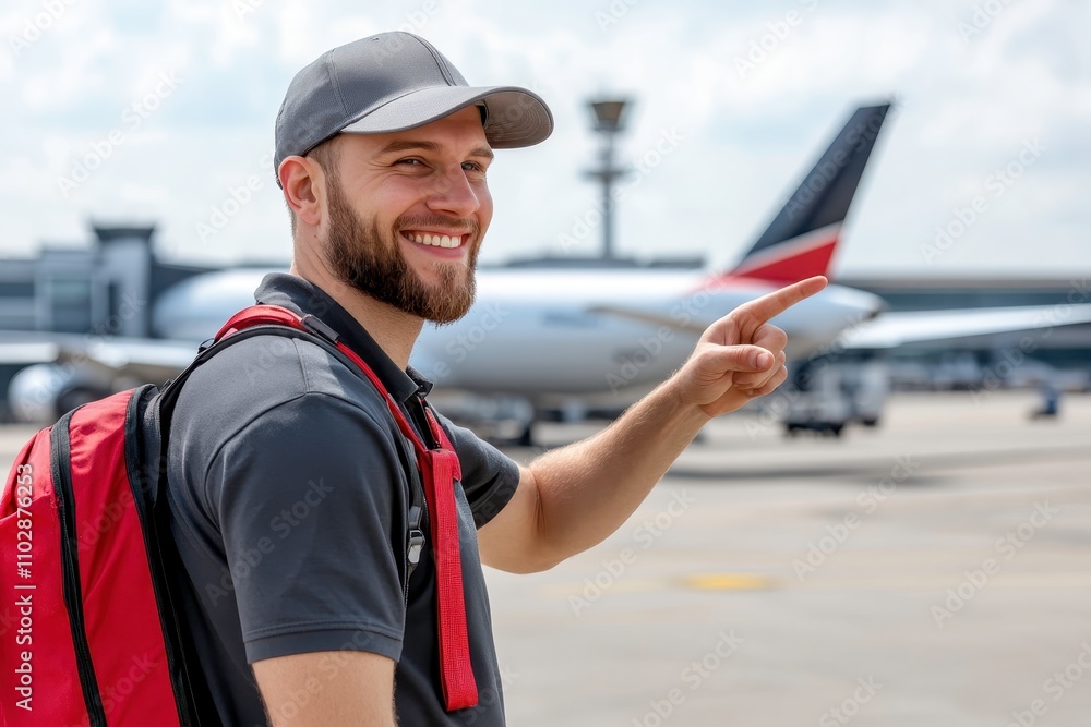 Cheerful young man at the airport pointing towards an airplane while wearing a cap and casual clothing, showcasing excitement for travel and adventure in an outdoor setting. Cheerful young man at the airport pointing towards an airplane while wearing a cap and casual clothing, showcasing excitement for travel and adventure in an outdoor setting.