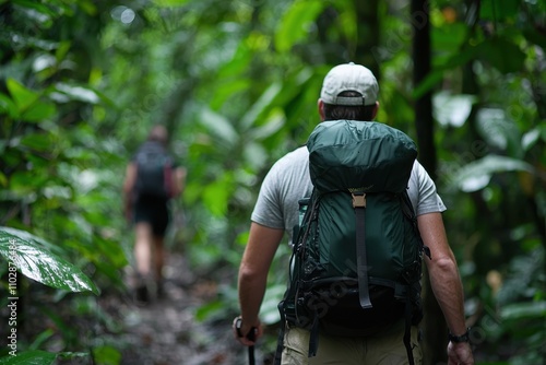Wallpaper Mural A man wearing a green backpack is walking through a forest Torontodigital.ca