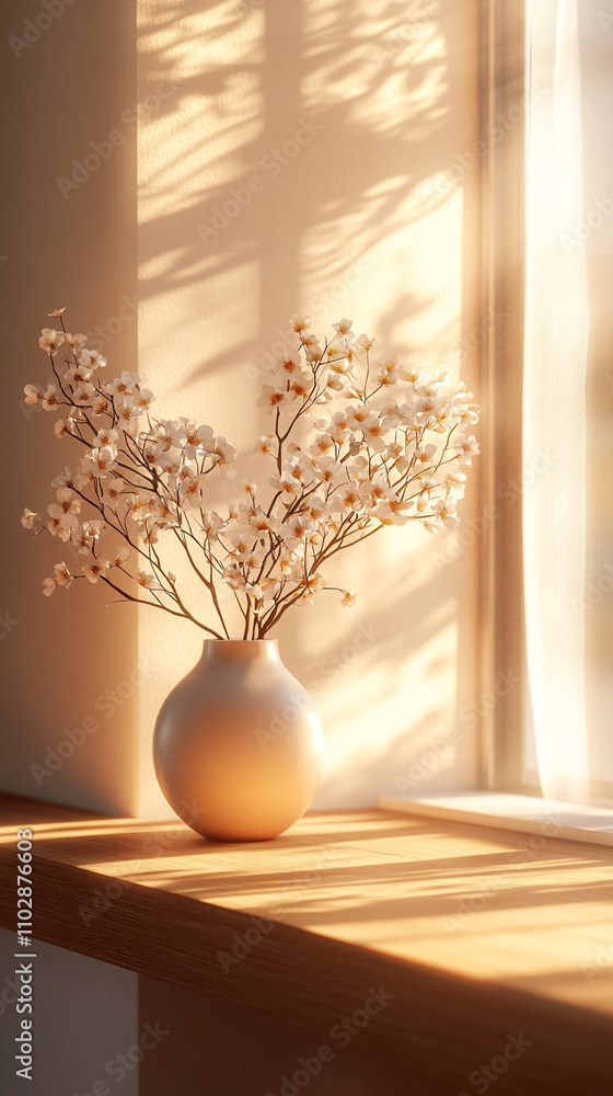 A 3D rendering of a minimalist vase with delicate flowers, placed on a wooden shelf with soft sunlight filtering through A 3D rendering of a minimalist vase with delicate flowers, placed on a wooden shelf with soft sunlight filtering through