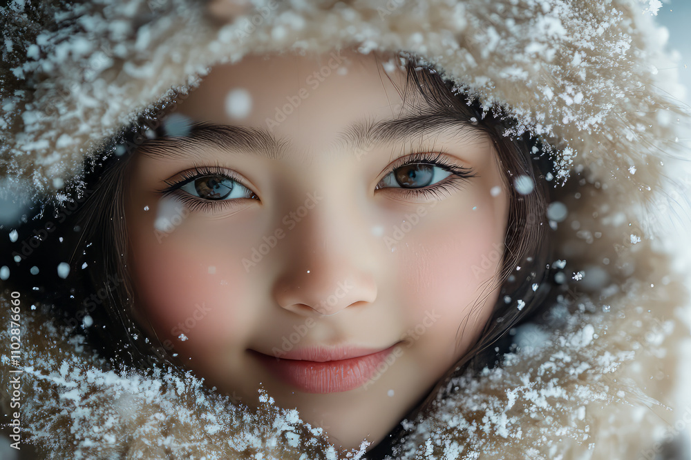 A young smiling mongolian girl wearing a furry coat in the snow. A young smiling mongolian girl wearing a furry coat in the snow.