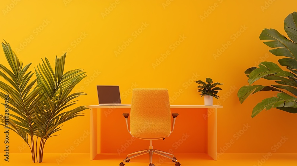 A bright, minimalist home office featuring an orange chair, desk, and lush green plants against a vibrant yellow wall. A bright, minimalist home office featuring an orange chair, desk, and lush green plants against a vibrant yellow wall.