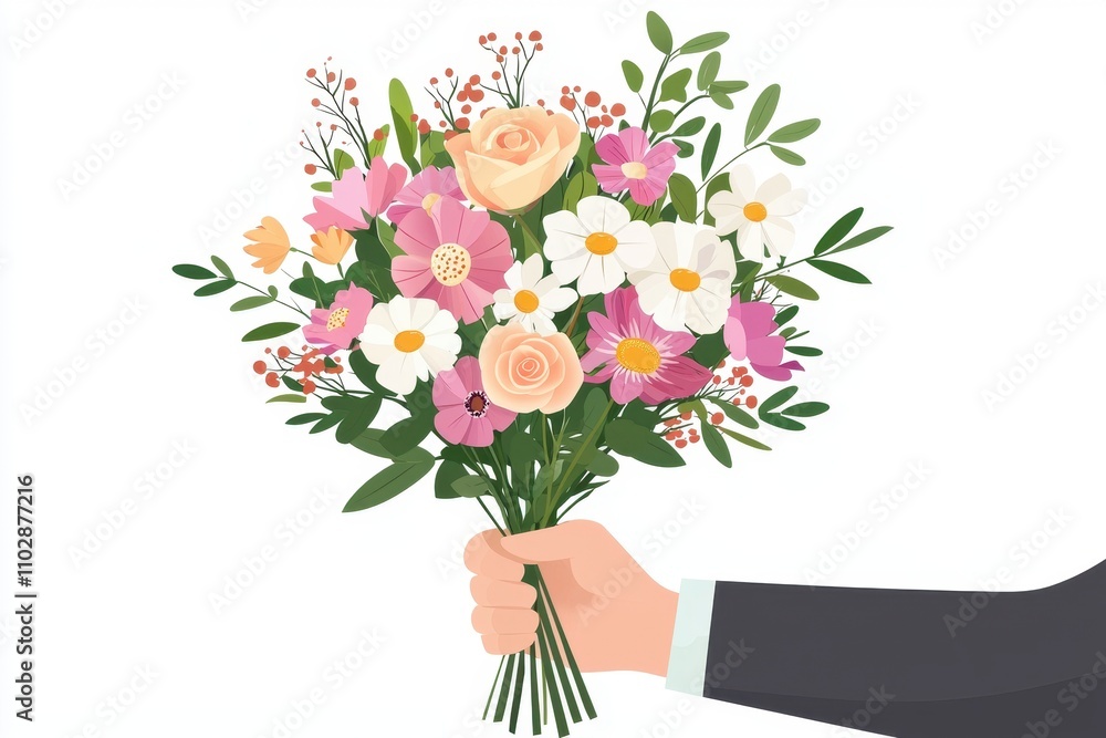 A beautiful bouquet of mixed flowers held in a hand, perfect for celebrations. A beautiful bouquet of mixed flowers held in a hand, perfect for celebrations.