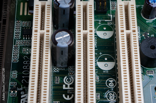 Electronic printed circuit board with smd components and memory slots photo