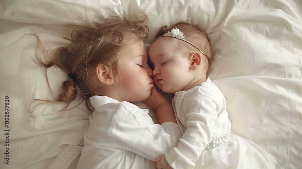 Adorable child kissing their little sister lying on white bedding. Adorable child kissing their little sister lying on white bedding.