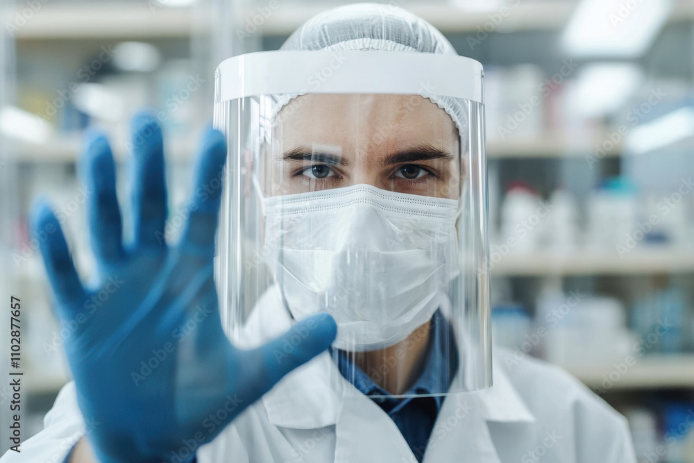 A man wearing a white lab coat and blue gloves is wearing a face mask A man wearing a white lab coat and blue gloves is wearing a face mask